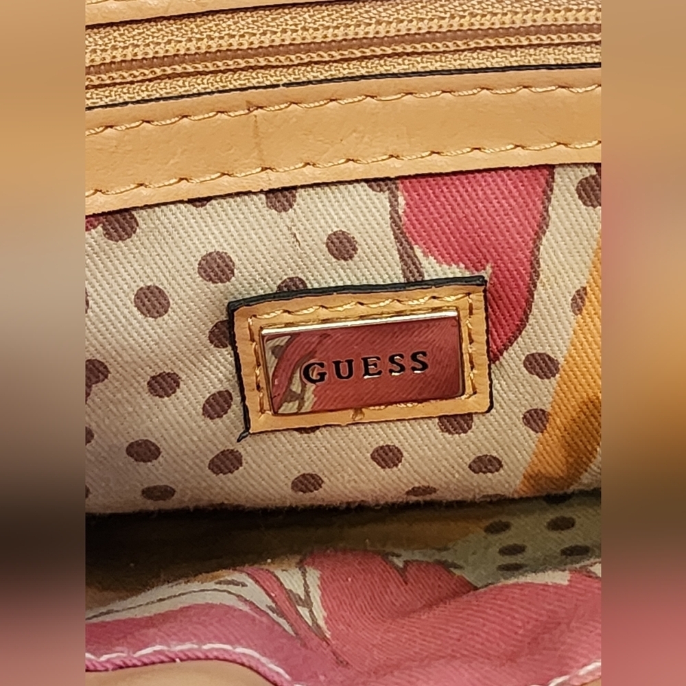 Guess Patchwork Satchel Tote Bag Pink Orange Quilted Logo - Picture 14 of 16
